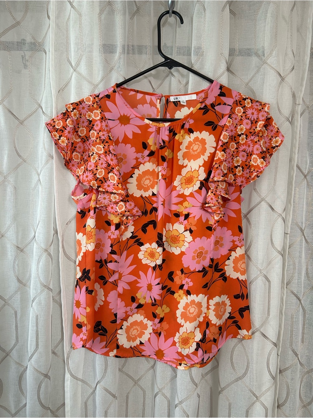 DR2 Floral Ruffle Sleeve Blouse - Pink & Orange